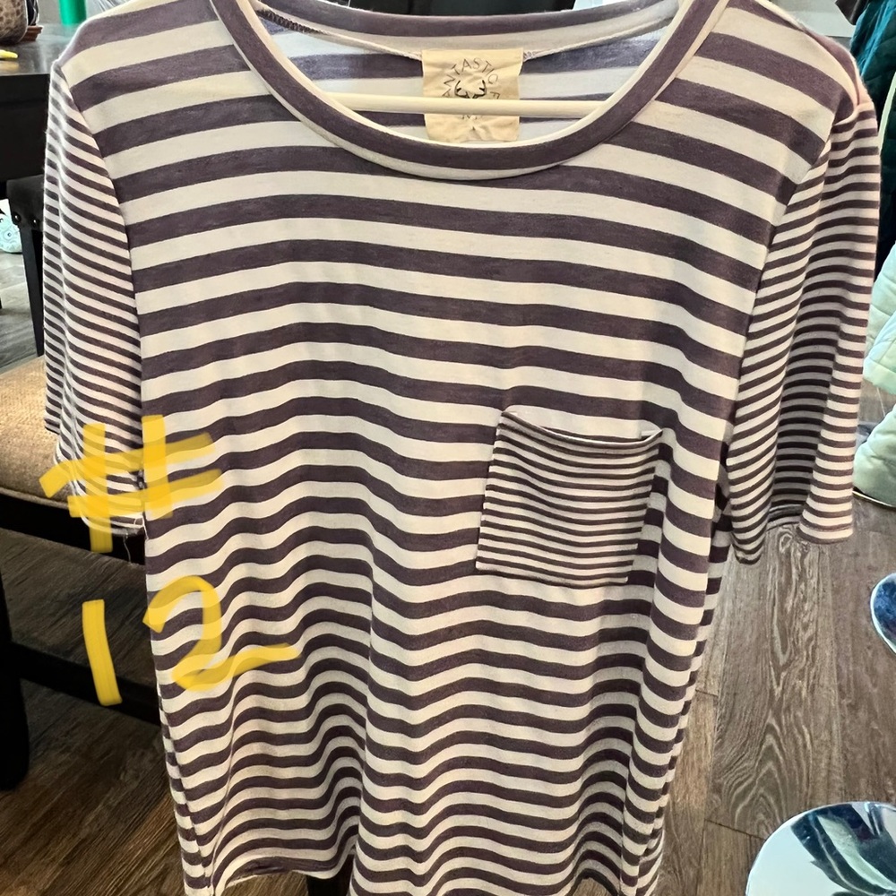 NWOT (Washed, never worn) Fantastic Fawn Size L Heathered Purple/Gray Stripe Tee